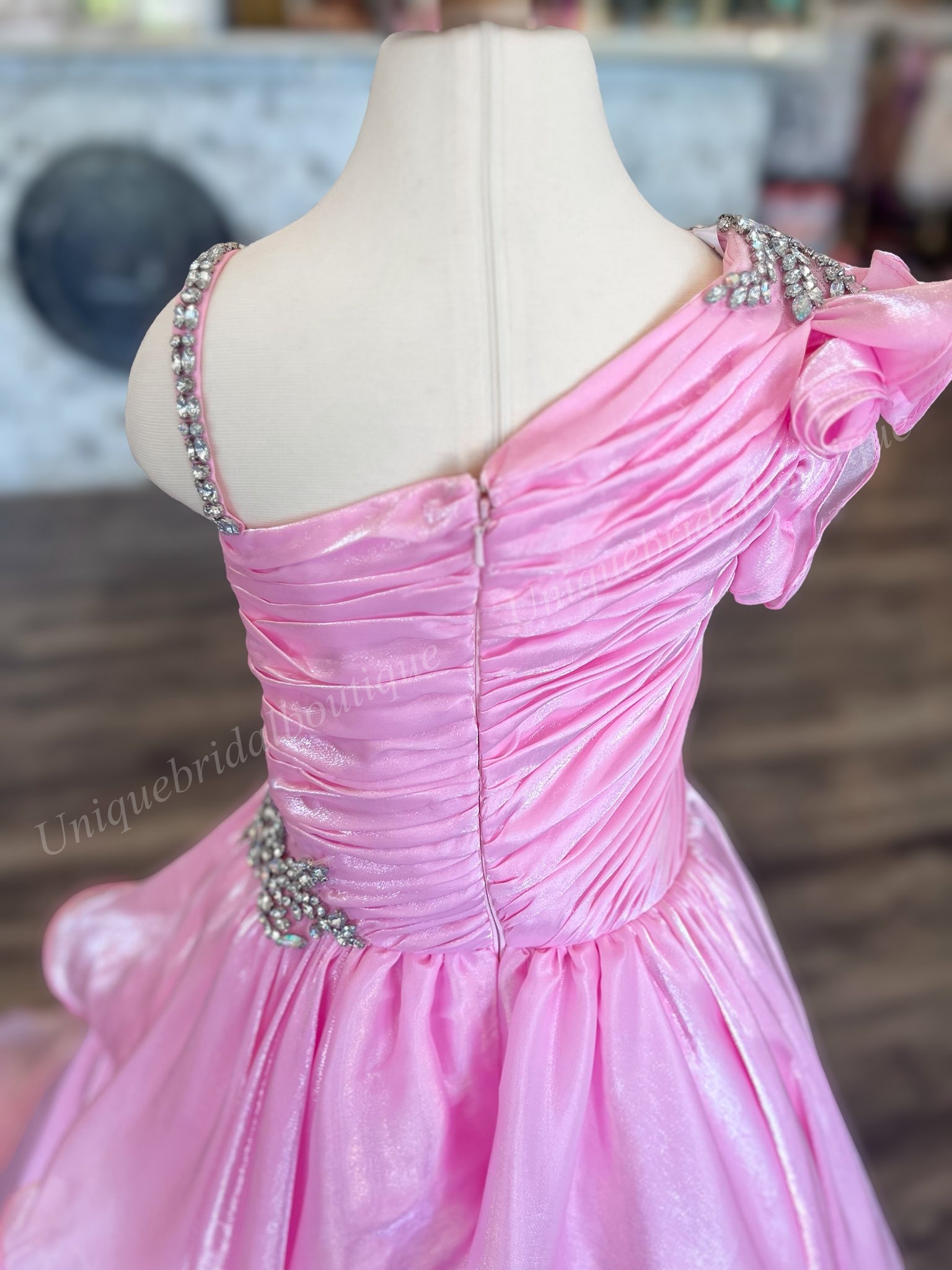 Pink Girl Mini Pageant Queen Dress One-Shoulder Mint Layer Organza Princess Little Kid Birthday Portrait Cocktail Party Gown Teen Miss On-Stage Appear