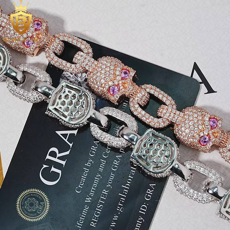 14.6mm Hip Hop Jewelry Skull Cuban Link Chain 925 Sterling Silver VVS Moissanite Iced Out Bracelet Necklace
