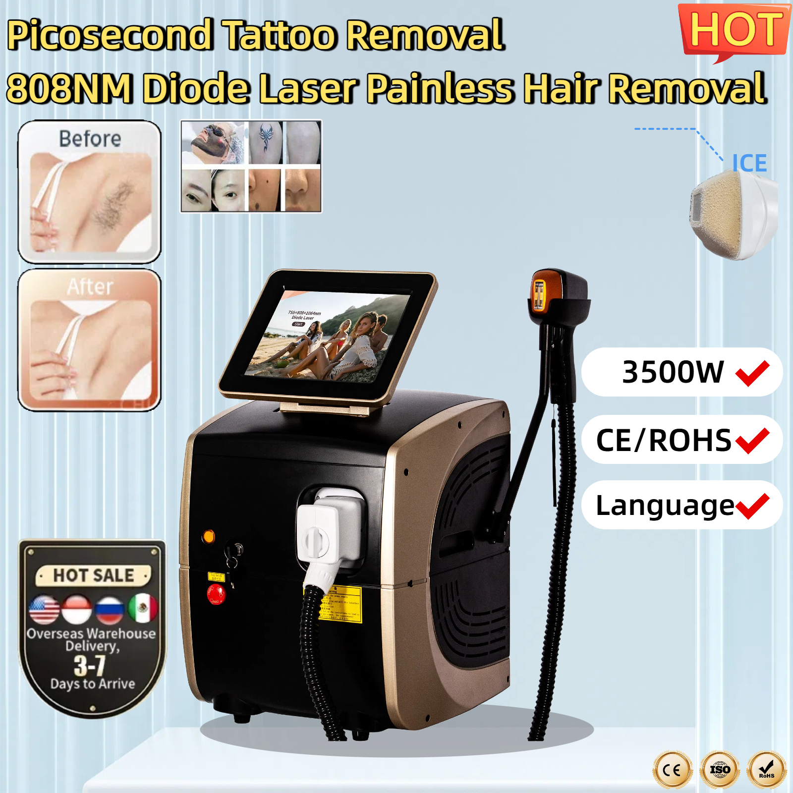 Portable 808nm Diode Laser Hair Removal Machine 3 Waves Laser Equipment Permanent Epilation with Removal CE/ROHS Salon