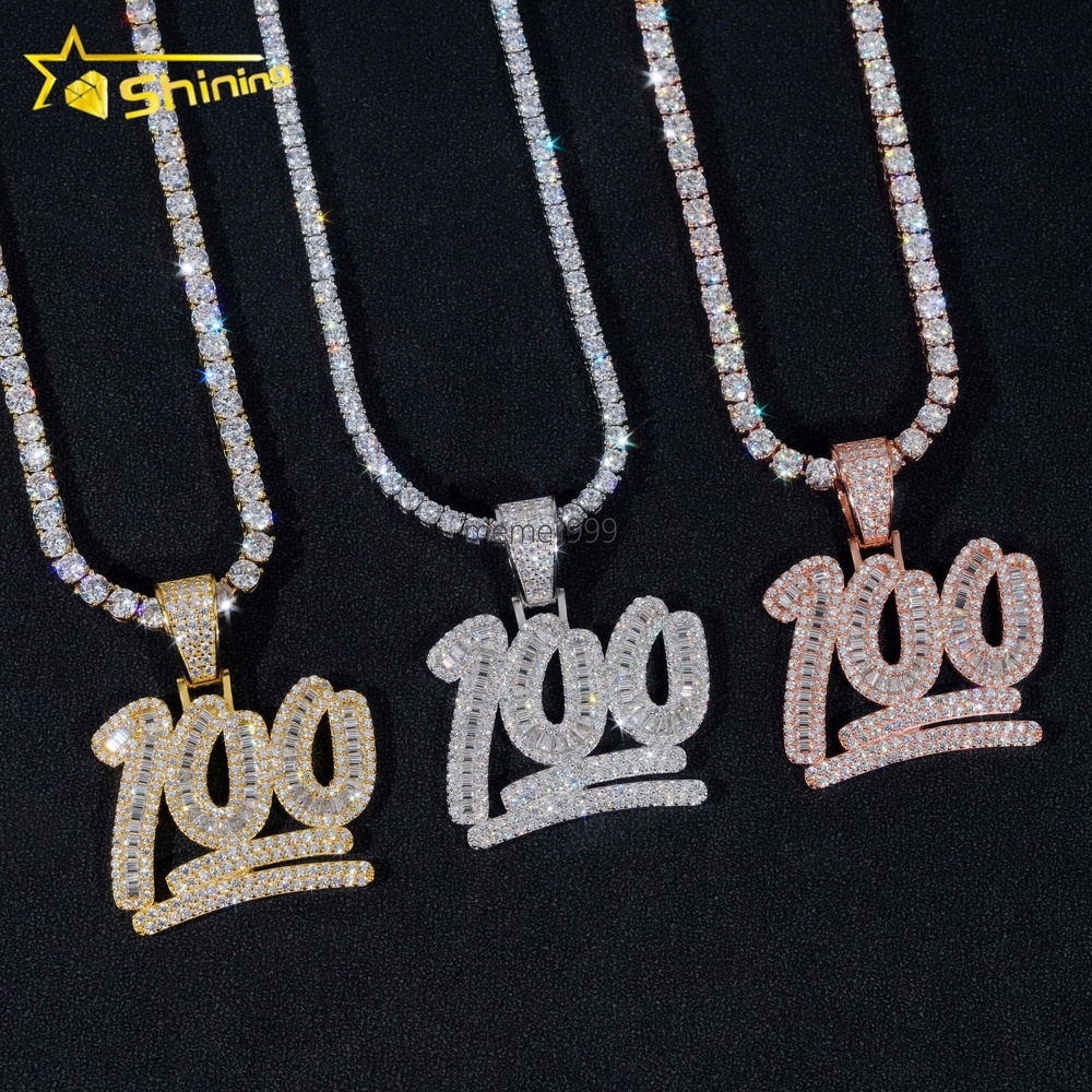 Pass Diamond Tester 925 Sterling Silver Gold Plated Diamond Number 100 Custom Made Iced Out Moissanite Pendant Hip Hop Jewelry