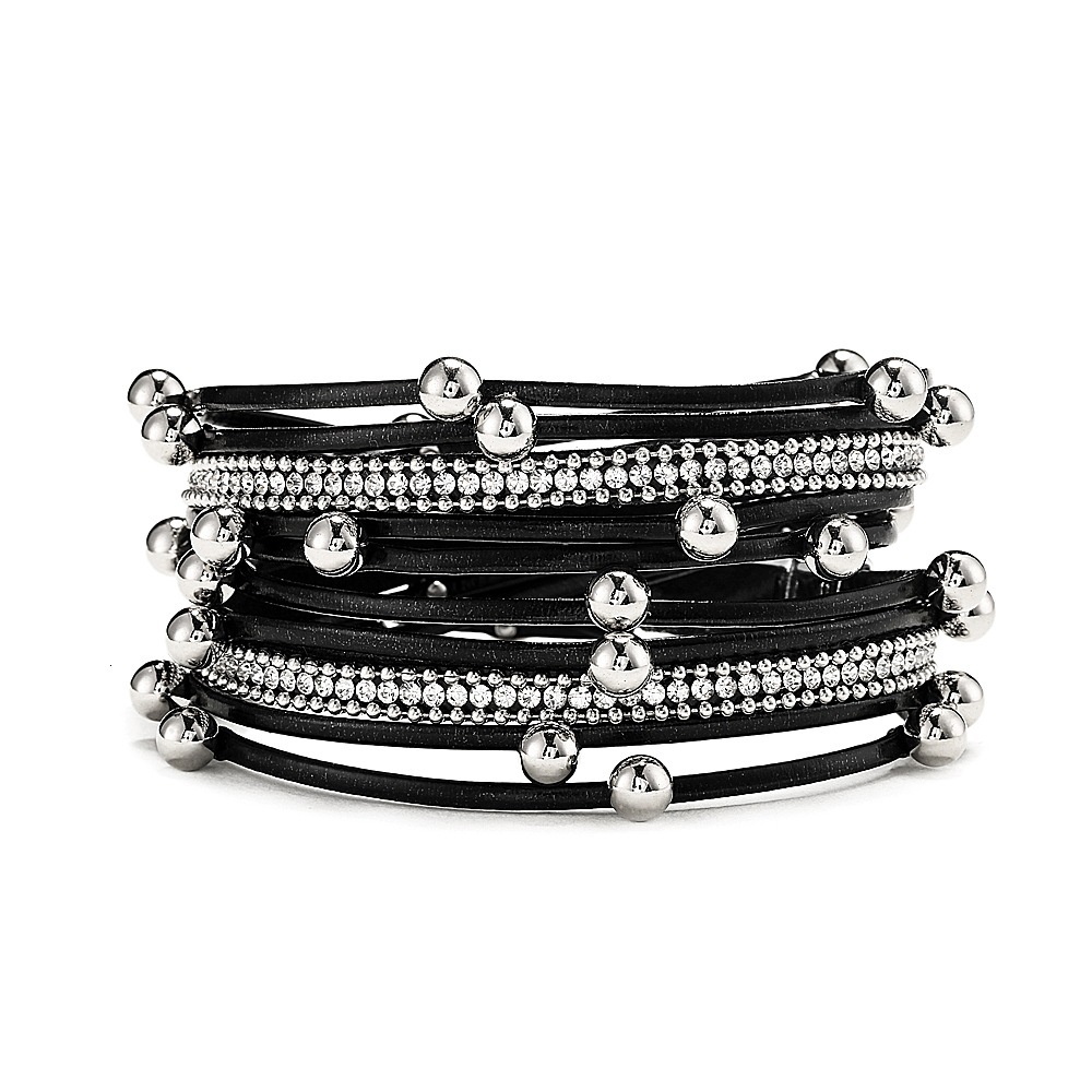Fashionable Unique Two-Circle Beaded Leather Multi-Layer Bohemian Alloy Magnetic Bracelet