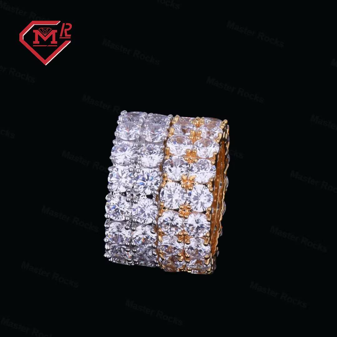 Shining Couples Iced Out Ring Two Rows Tennis Edition 925 Silver Moissanite Mens Ring
