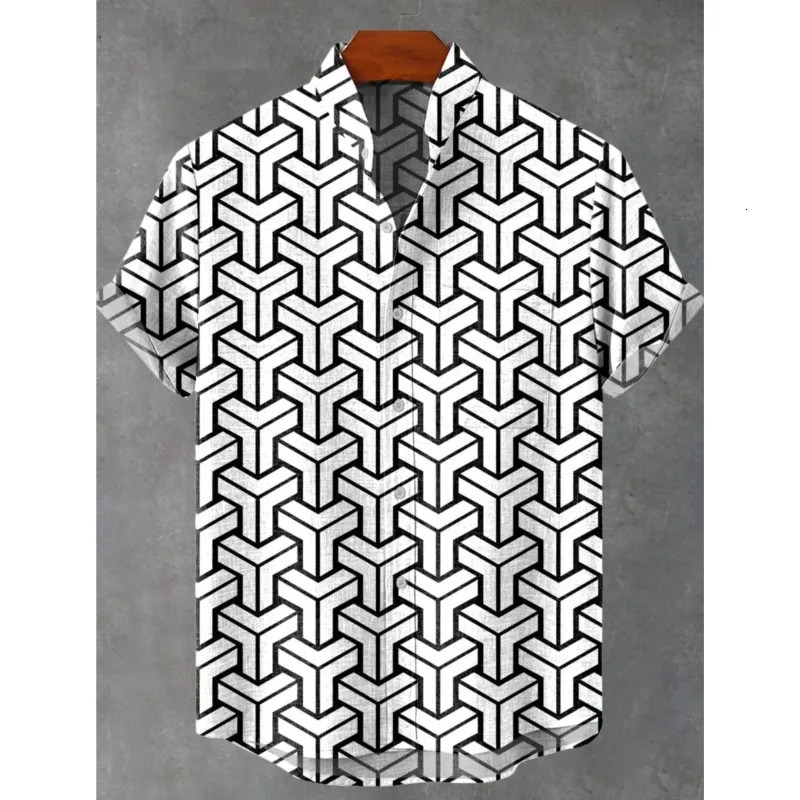 Mens Summer 2025 Comfortable Linen Short Sleeve Shirt Elegant Symmetrical Graphic Pattern Printed Casual Top 250808