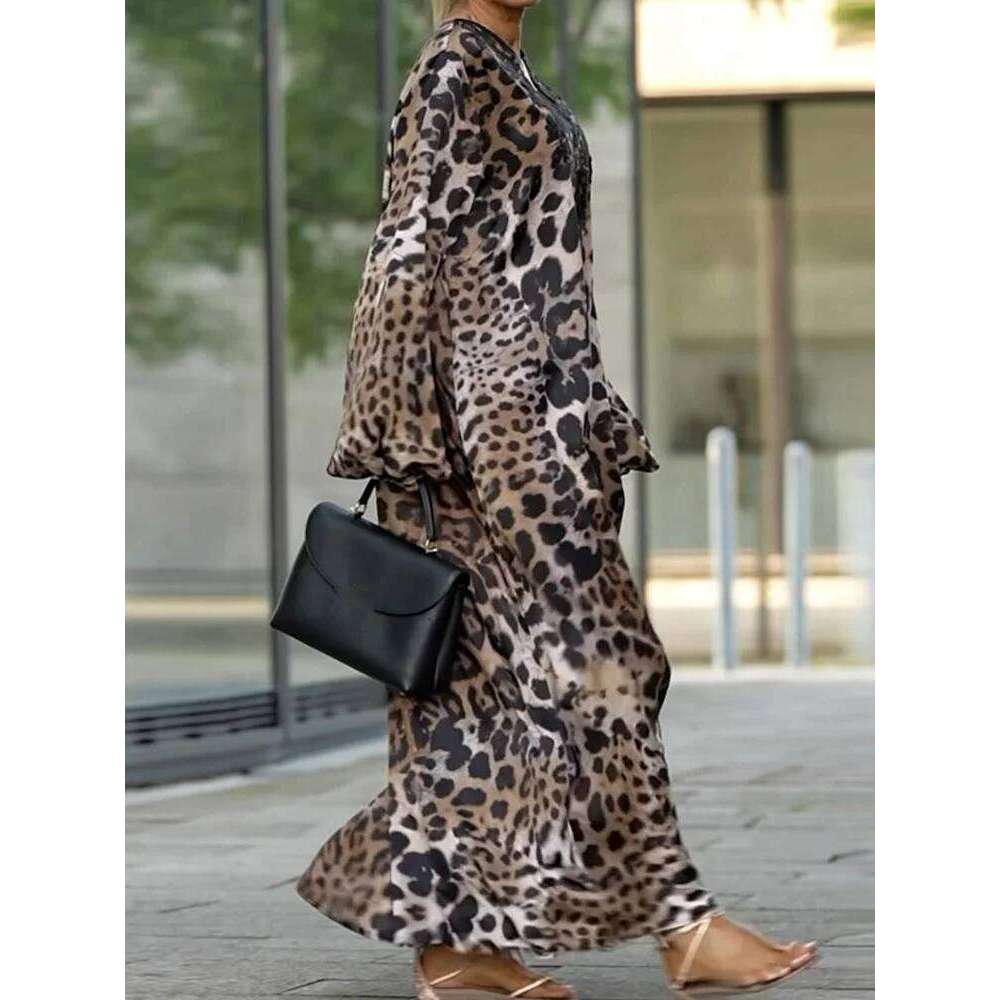 Leopard Patchwork Simple Fashion Party Women Spring Autumn Lantern Sleeve Maxi Dress, Elegant Print V Neck Ladies Dress
