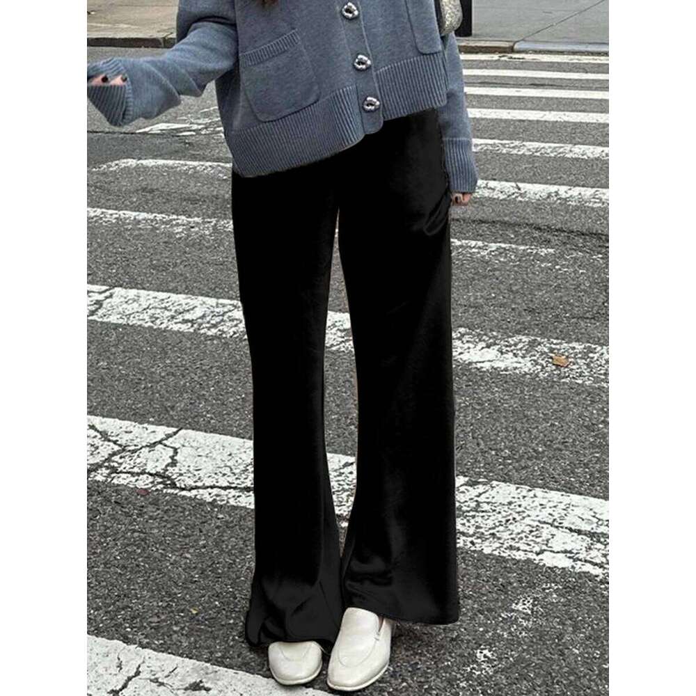 Chic Satin Wide Leg Dress Pants Women's Stylish Elastic Waist Loose Fit Long Trousers for Streetwear Work Solid Color