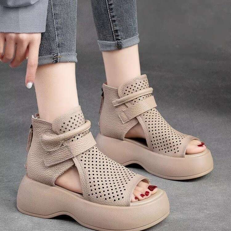 2023 Summer New Roman Fashion Internet Celebrity Thick-Soled Peep-Toe Sandals Hollow Platform High-Top Women's Shoes
