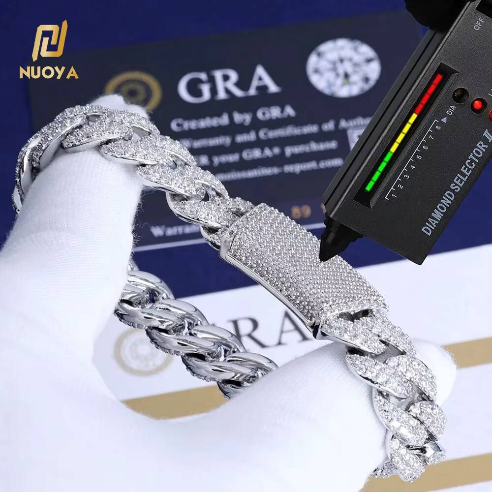 NUOYA 13MM Iced Out Chain Diamond Cuban Link Chain Bracelet Men Hip Hop Shiny Vvs Moissanite 925 Silver Cuban Necklace