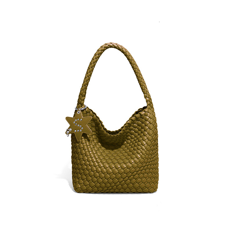 Free Shipping Designer's New High-end Versatile Champagne Gold Woven Tote Bag Women's Large Capacity Commuting Bucket Bag Hand-held Shoulder