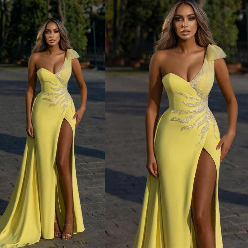 Customized One Shoulder Mermaid Prom Dresses Sequined Side Split Evening Gowns Backless Formal Party Dress