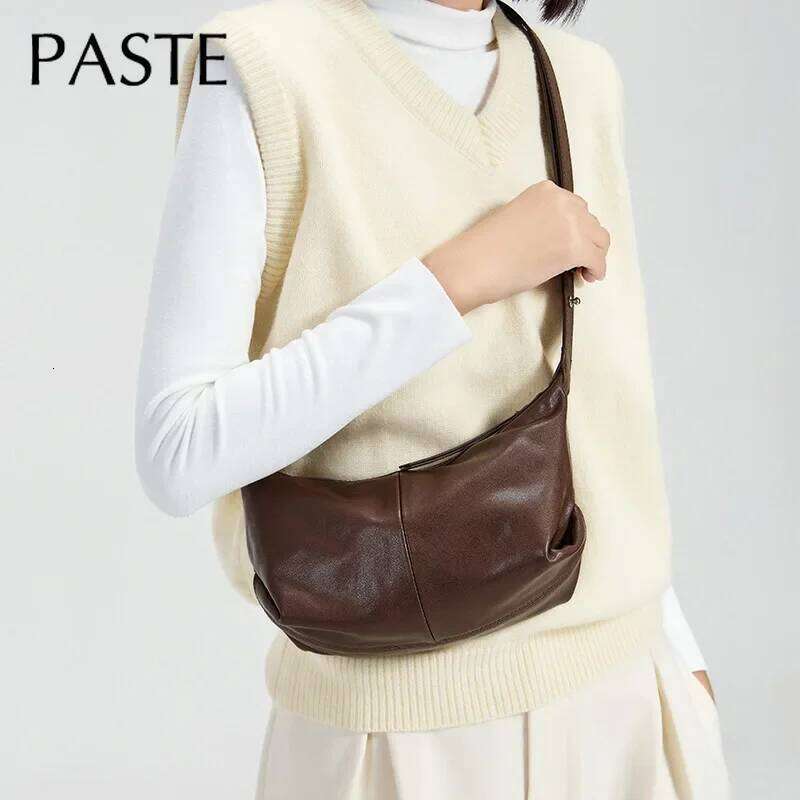 Less Is More Minimalist Style Coffee Color Hobo Tote Vegetable Tanned Cow Leather Women Shoulder Bag Adjustable Handle Handbag