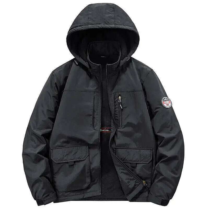 Men's Fleece-Lined Work Jacket Autumn Winter Windproof Thickened Casual Outwear Coat with Hood Outdoor Sport Cotton Parka Coats