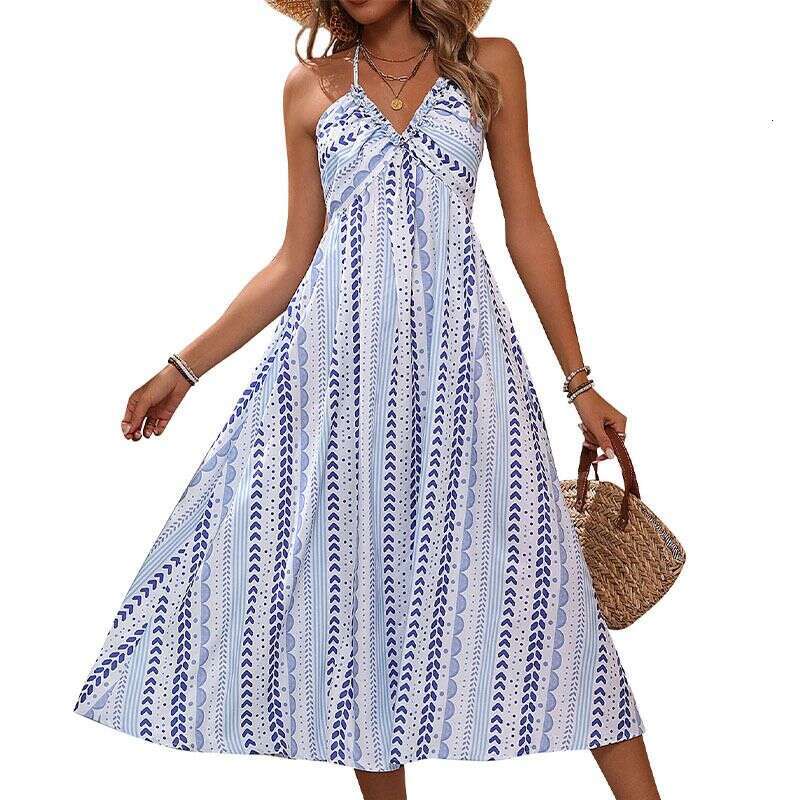Dresses Beach Vacation Summer Backless Women's V-Neck Strap Slimming Printed Dress