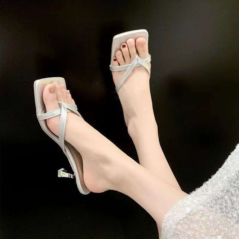 Fashion Sandals for Women 2025 Summer New Silver Elegant Thin Heel Slippers Gentle Outdoor Slides Evening Breeze High Heels