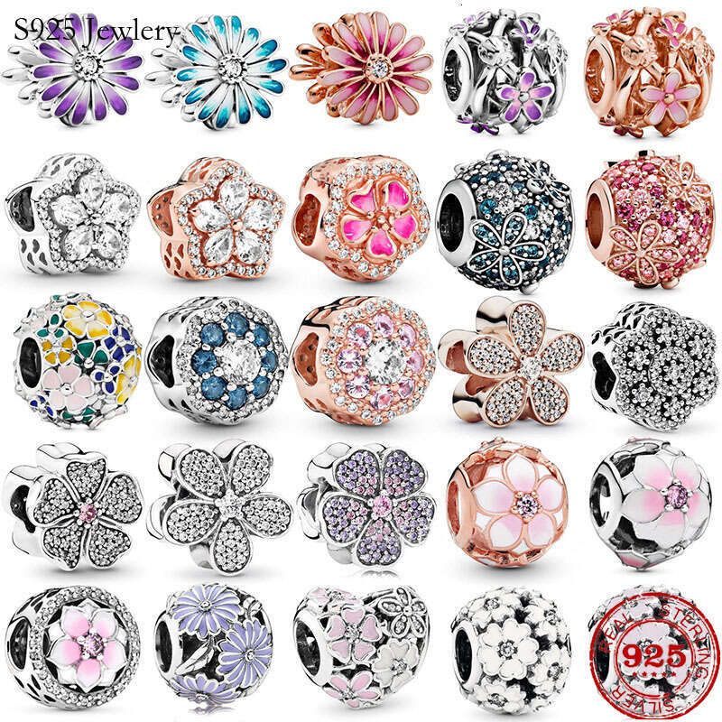 2025 925 Sterling Silver Purple Pink Daisy Bead Fit Original Charm Bracelet Bead Jewelry Making Free Shipping