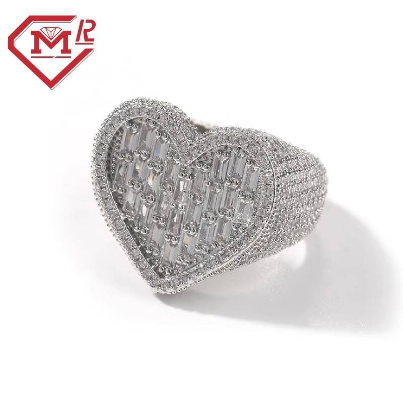 Full Iced Chunky Heart Shaped Moissanite Ring 925 Silver Icy Baguette Moissanite Diamond Hip Hop Ring for Women