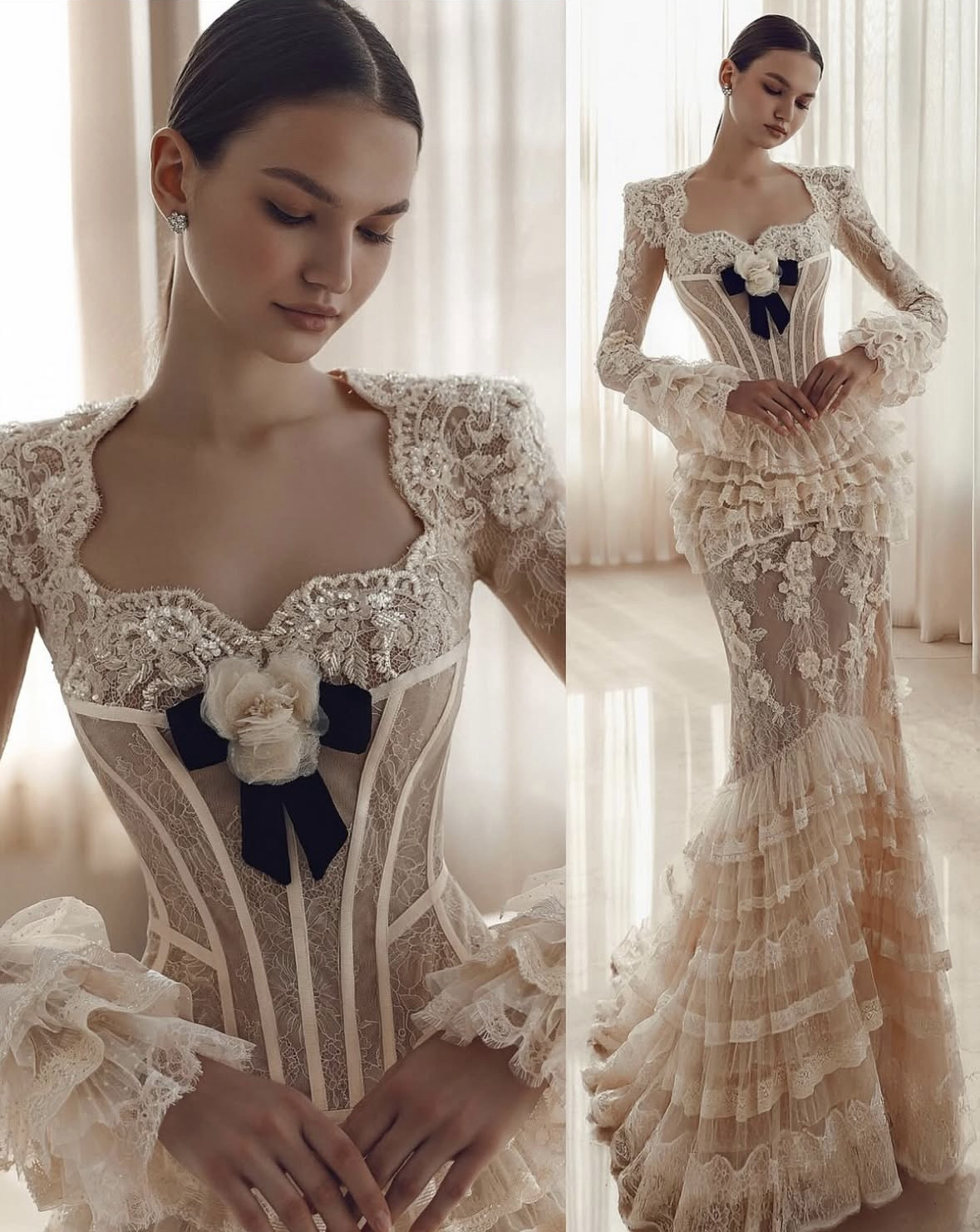 Elegant Champagne Lace Mermaid Prom Dress Long Flare Sleeves Tiers Slim Dresses Evening Wear Customized Formal Reception Gown