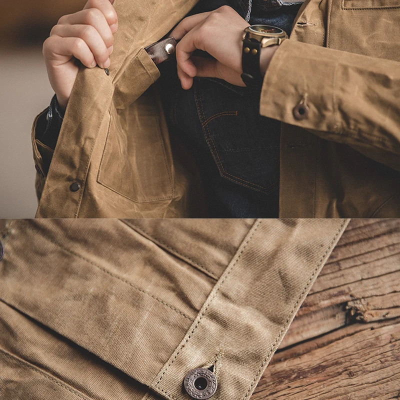 Maden Vintage Mens Canvas Oil Wax Jackets Khaki Multipocket Lapel Collar Singlebreasted Jacket Windbreaker for Male Outwear 250818