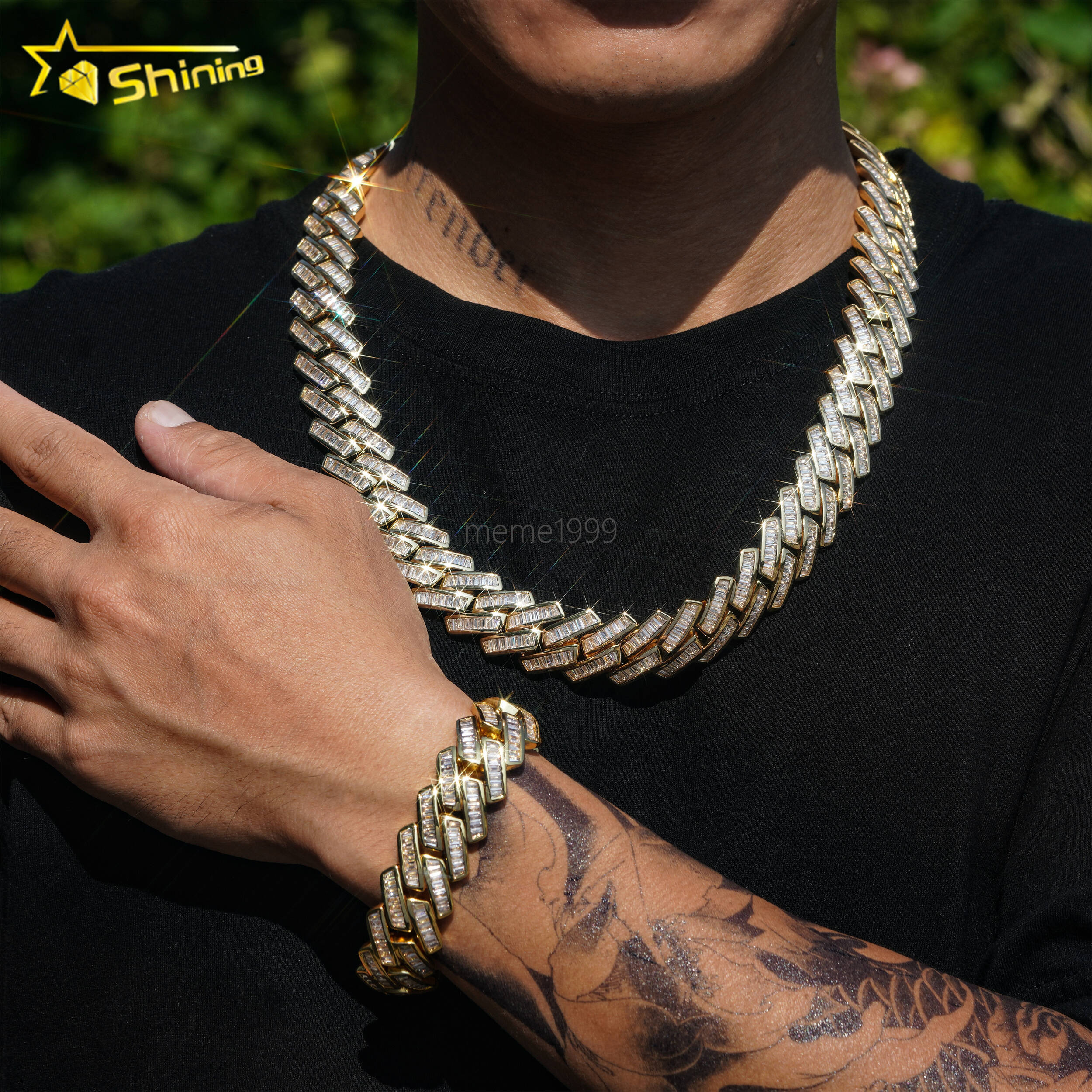 High Quality 18K Gold Plated 19mm Width Brass moissanite Cuban Link Chain Custom Hip Hop Men Cuban Bracelet Necklace