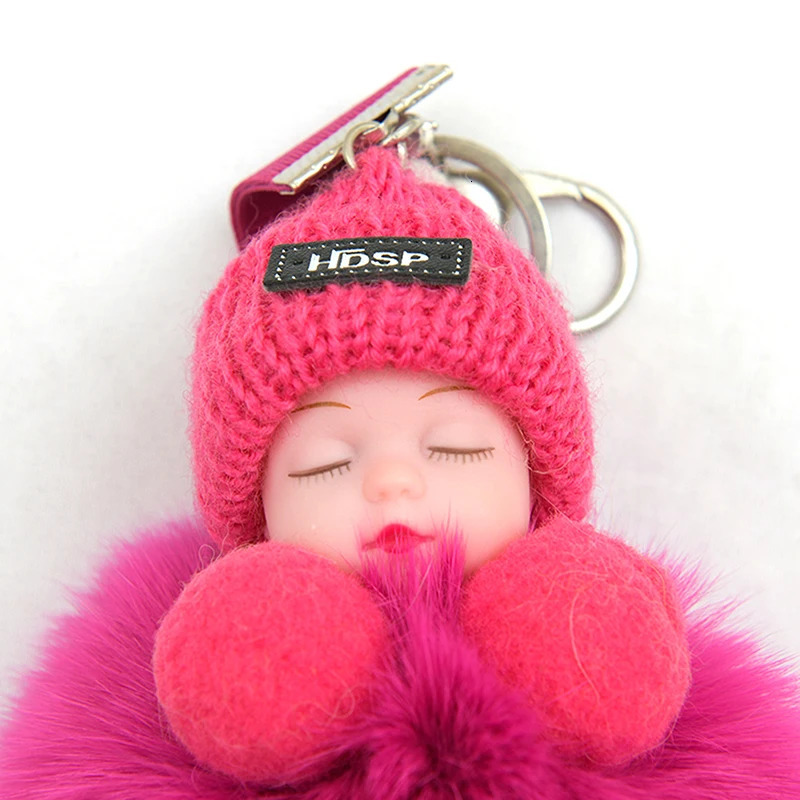 Pompom Sleeping Baby Keychain Cute Fluffy Plush Doll Keyholder Women Girl Bags Keyrings Key Ring Gift Charming Decoration 250811