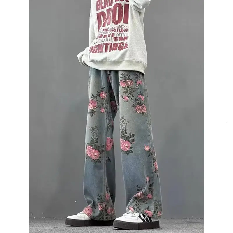 DM Strt hiphop men and women straight leg personzed rose blossom jeans American couple loose retro casual pants y2k Z260313