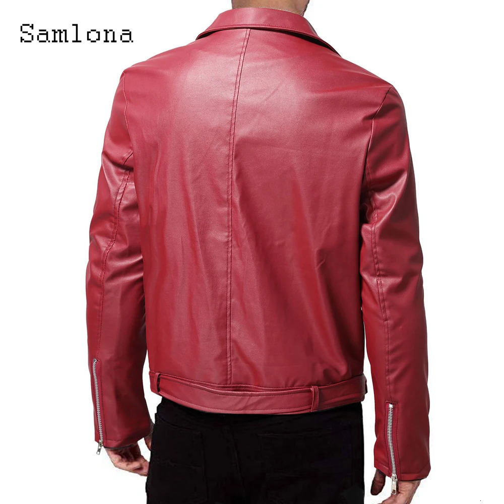 Samlona 2023 European Style Cool Jackets Blue Red Soft Faux Leather Men Fashion Zipper Pocket Synthetic Pu Coats 250815