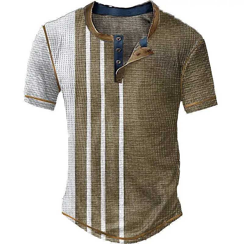 Striped Color Block 3D Printed Henley Shirts Mens Fashion Vintage Streetwear Button Short Sleeve T Shirt Tees Tops Man Clothing Y250819