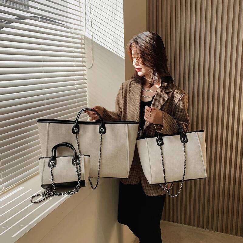 Women Tote Fashion Canvas Large Capacity Handbag Casual Chains Shoulder Bags Ladies Big Messenger Shopping Bag