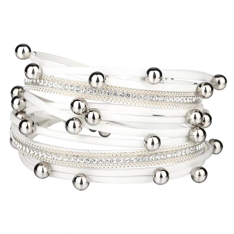 Fashionable Unique Two-Circle Beaded Leather Multi-Layer Bohemian Alloy Magnetic Bracelet