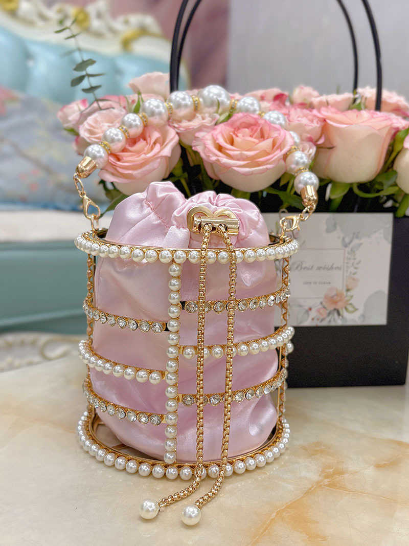 French Style Hollow Silk Satin Shiny Watercress Basket Banquet Pearl Bucket Handheld Crossbody Bag