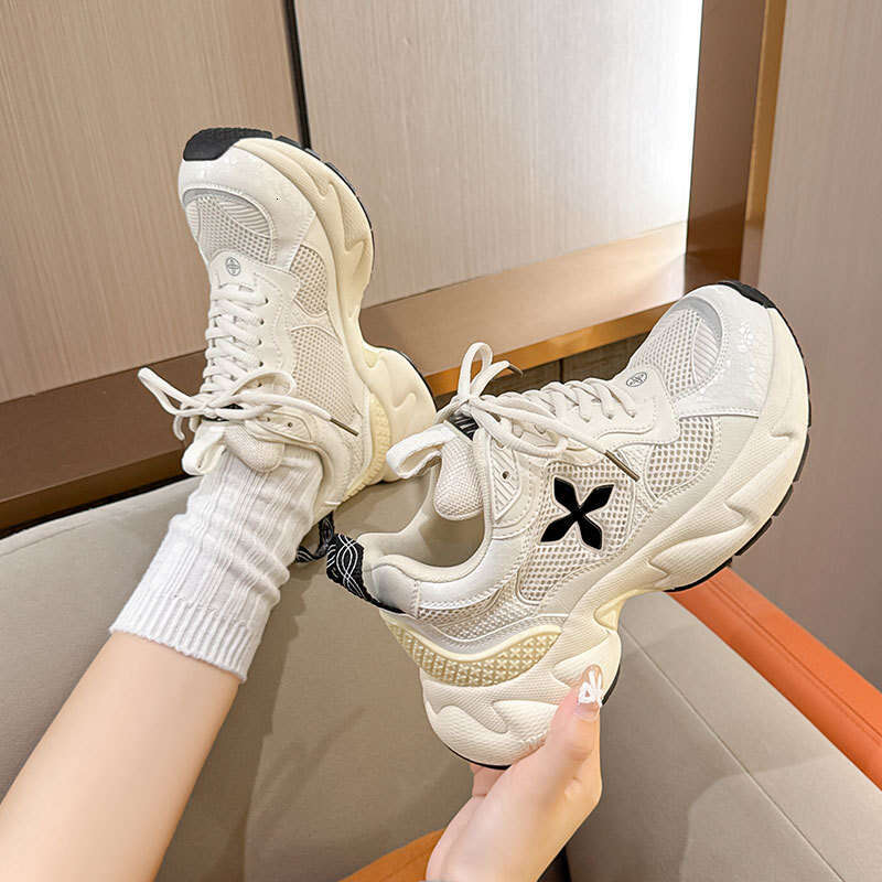 2024 New Autumn Winter Dad Shoes for Women Cross Flower Genuine Leather Thick Sole Height Increasing Mesh Breathable Fashion Casual Sneakers