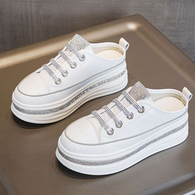 Thick-Soled Platform Rhinestone Outdoor Wear, Lazy Closed-Toe Slippers, 2025 Spring/Summer New White Casual Slippers for Women