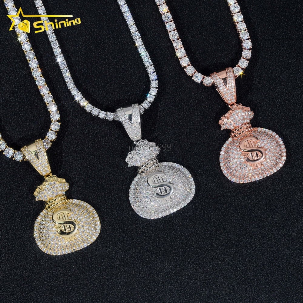 Pass Diamond Tester Fine Jewelry 925 Silver Gold Plated Diamond Iced Out Hip Hop Custom Money Bag Moissanite Pendant