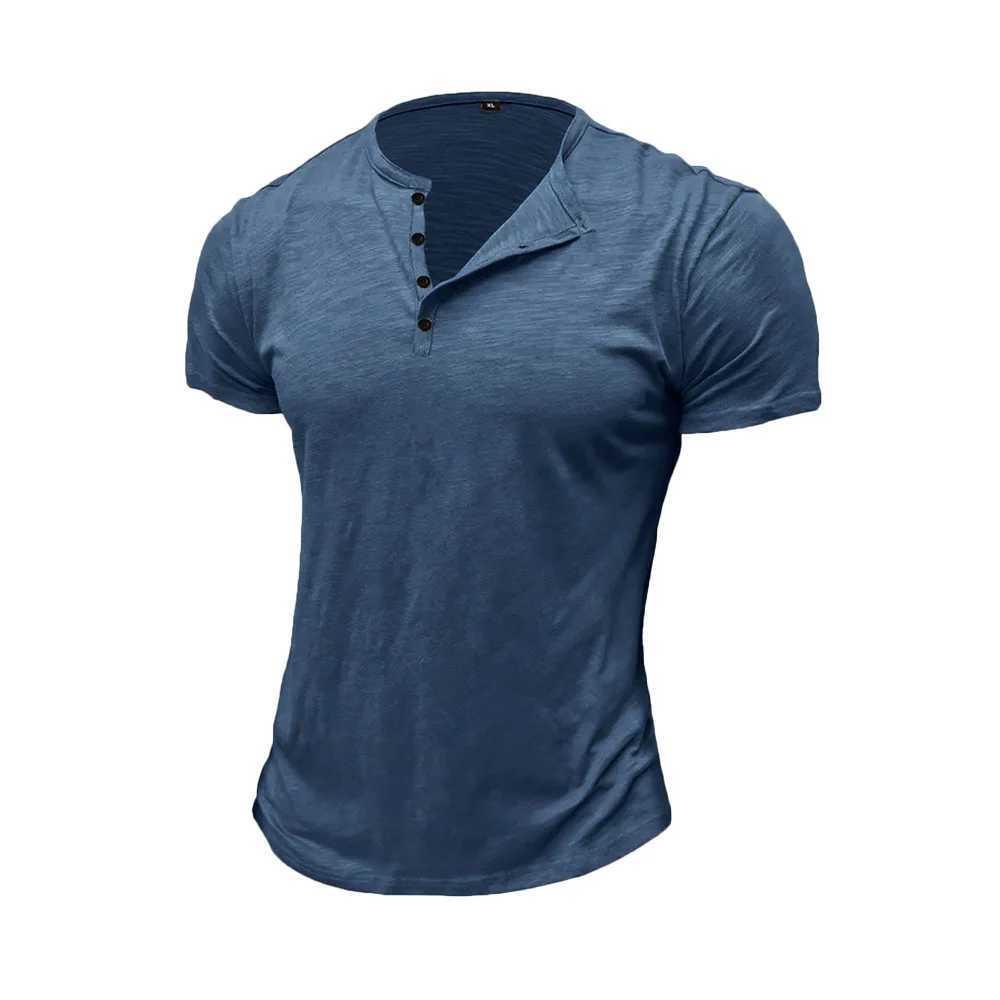 Summer Mens Cotton T-shirt Short-sLeeve Henley Collar Casual Solid Color Button Tees Male Cozy T-shirts Y250819