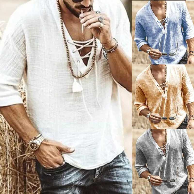 2025 European and American New Style Mens Chest Lace-up Chicken Eyes Mid-sleeved T-shirt Shirt Trendy Y250819