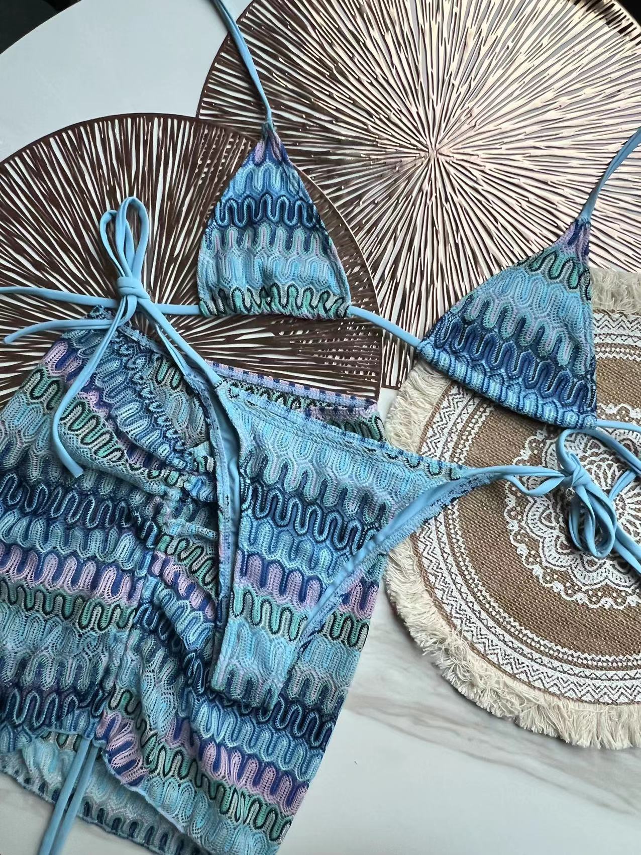 Knitted bikini dress three piece set sexy bikini striped swimsuit bikini women swift 250305