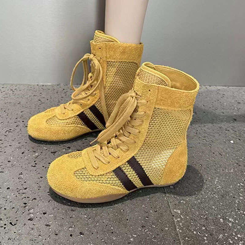 2025 New Breathable Boxing for Women Fishnet Martin Mid-Calf Hollow Mesh Boots Casual Sports High-Top Training Shoes