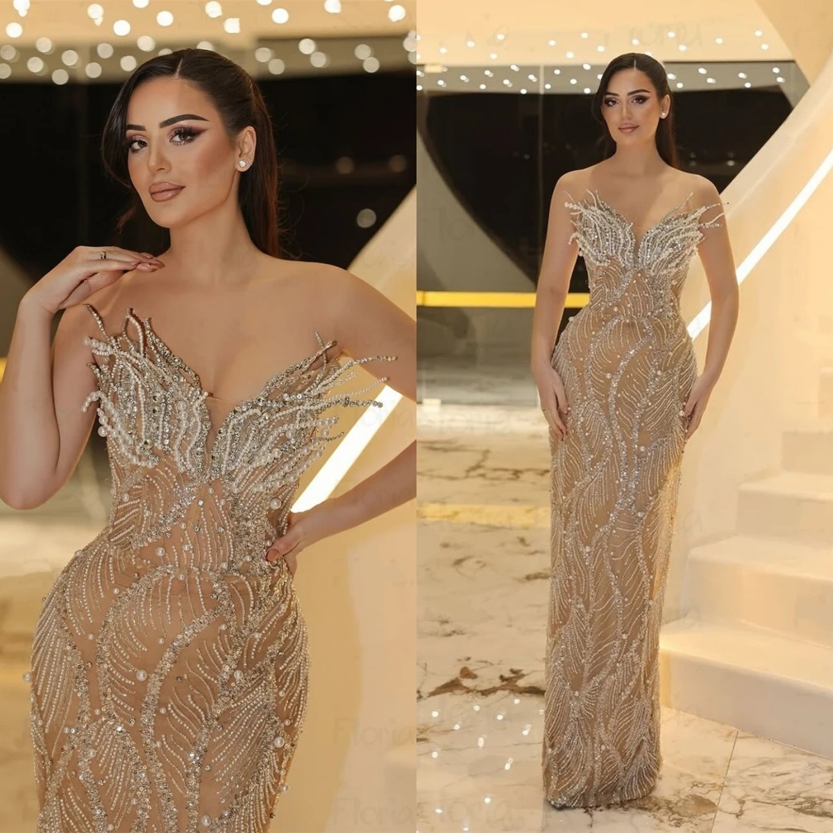 Gorgeous Strapless Evening Dresses Rhinestone Pearls Prom Gowns beading Sequins Sleeveless Princess Sweep Train Customized Vestidos De Noche Plus Size
