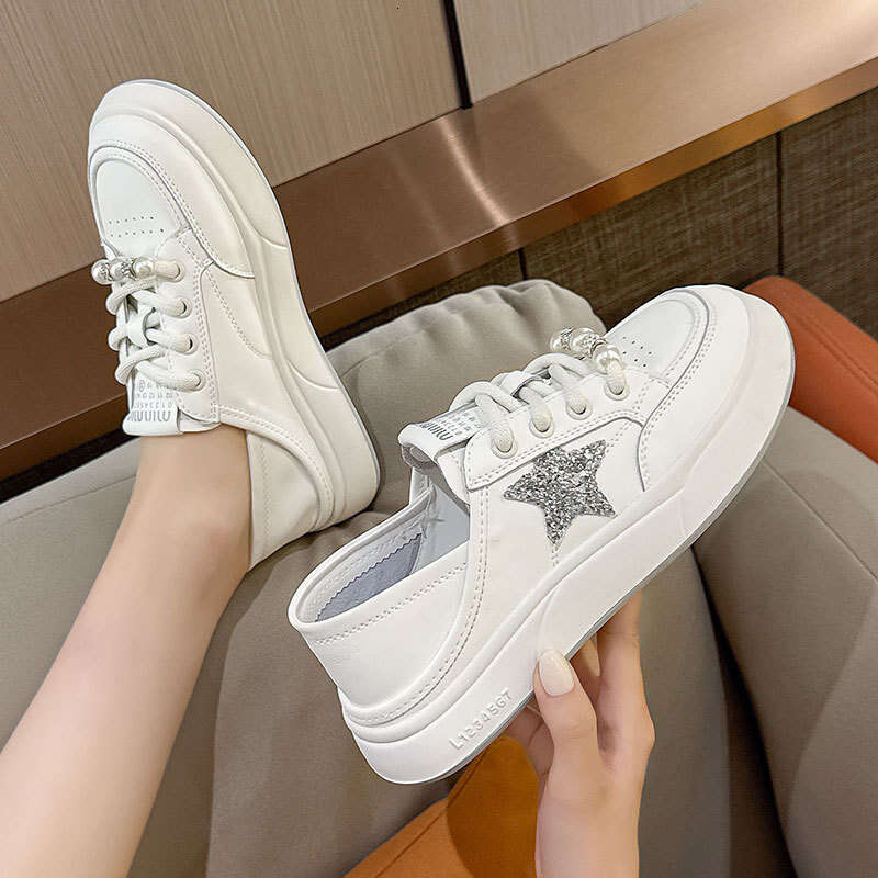 2025 New Genuine Leather White Shoes, Niche Women's Pearls and Pentagram, Flat Sneakers with a High-End Feel, Two-Way Wear Shoes