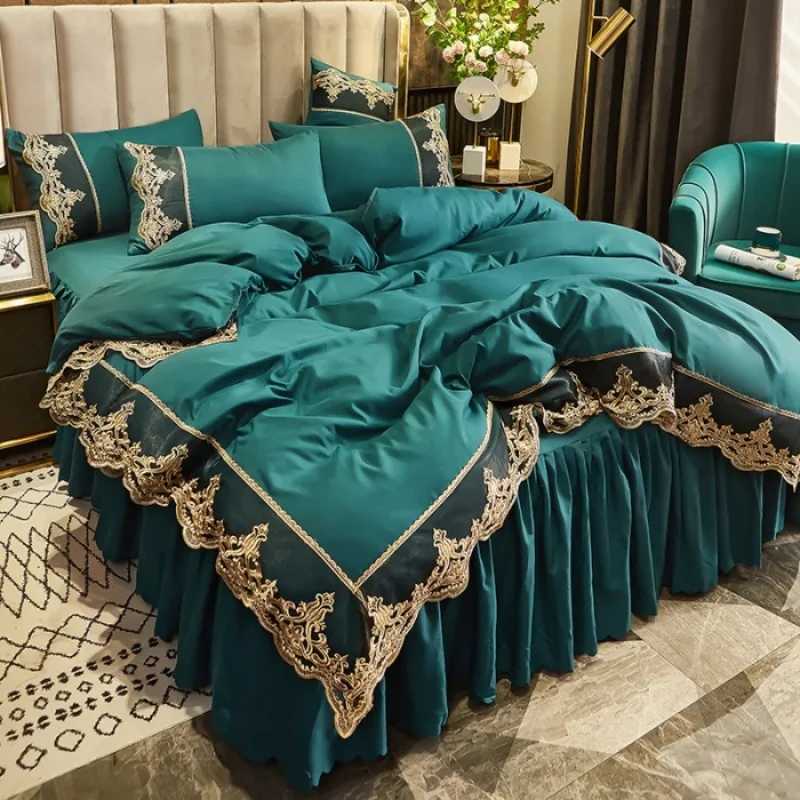 Nordic style bed skirt four piece set Korean version brushed girls heart duvet set bed skirt double home bedding four piece set Y250819