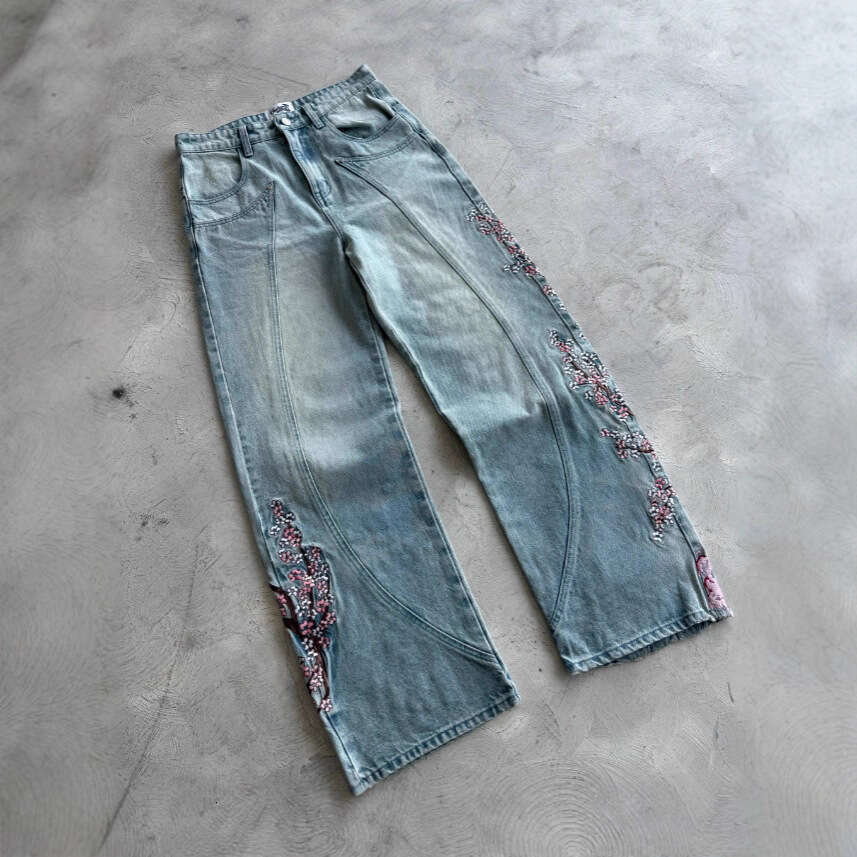Plum Blossom Embroidery 2025 New Denim Style Street Trendy Embroidered Straight Pants Mid-Waist Jeans