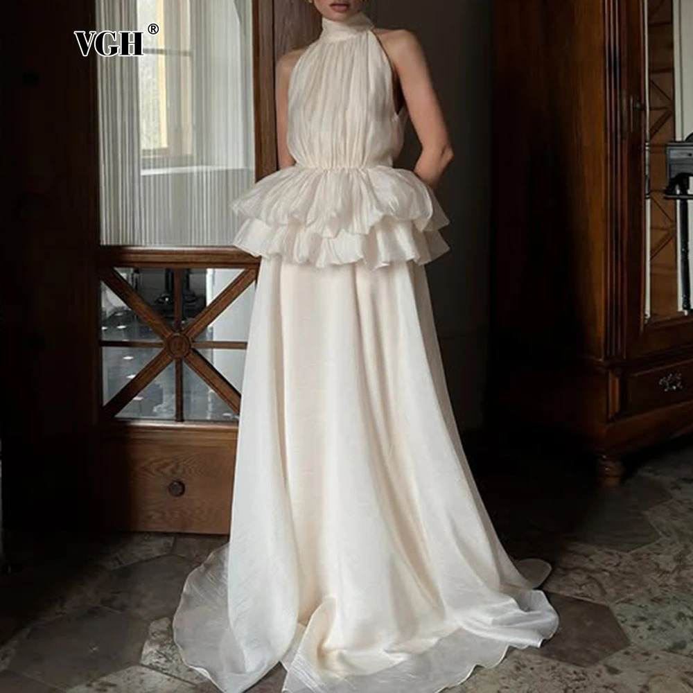 VGH Solid Evening Spliced Ruffles Maxi Dresses for Women High Neck Sleeveless Tunic Temperament Ceremony Dress Female Clothing 250815