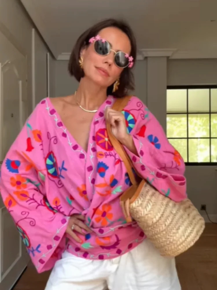 Pink Embroidery Cotton Linen Short Coat Woman Casual Lace Up Long Sleeves V Neck Jacket Autumn Lady Street Printed Outerwear 250815