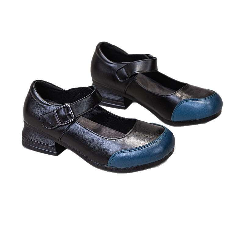 Cute Patchwork French Round Toe Breathable One-Strap Mom Women's Top Layer Cowhide Versatile Leather Shoes