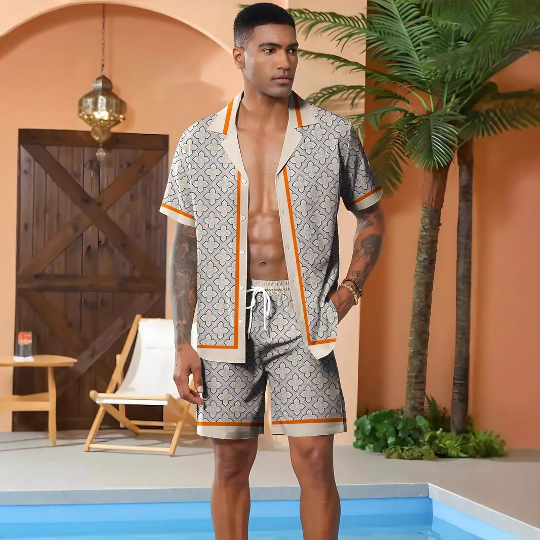 "2025 Designer Men's Wear" 2025 Cross-Border Trade New 3D Printed Geometric Pattern Men's Casual Hawaiian Style Shirt Set