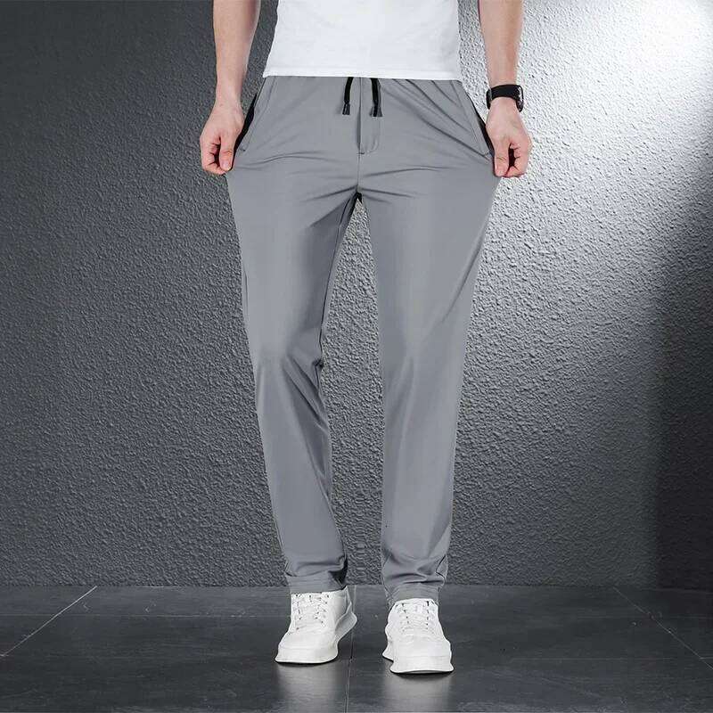 2024 Summer Soft Ice Silk Fabric Men's Thin Casual Pants Korean-style fashion Straight High Stretch Trousers Male Brand