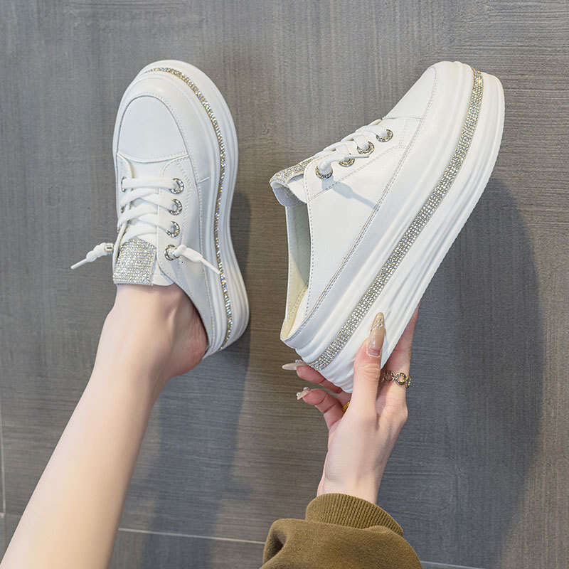 2025 New Genuine Leather 6CM Height Increasing Polyurethane Rhinestone Summer Breathable Sandals Women Thick Sole Half Slippers Trendy