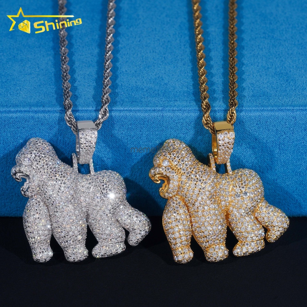Hip Hop Jewelry Pass Tester 925 Sterling Silver Gold Plated Fully Iced Out Custom Animal Gorilla 1.5in 3D Moissanite Pendant