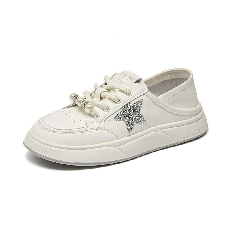 2025 New Genuine Leather White Shoes, Niche Women's Pearls and Pentagram, Flat Sneakers with a High-End Feel, Two-Way Wear Shoes