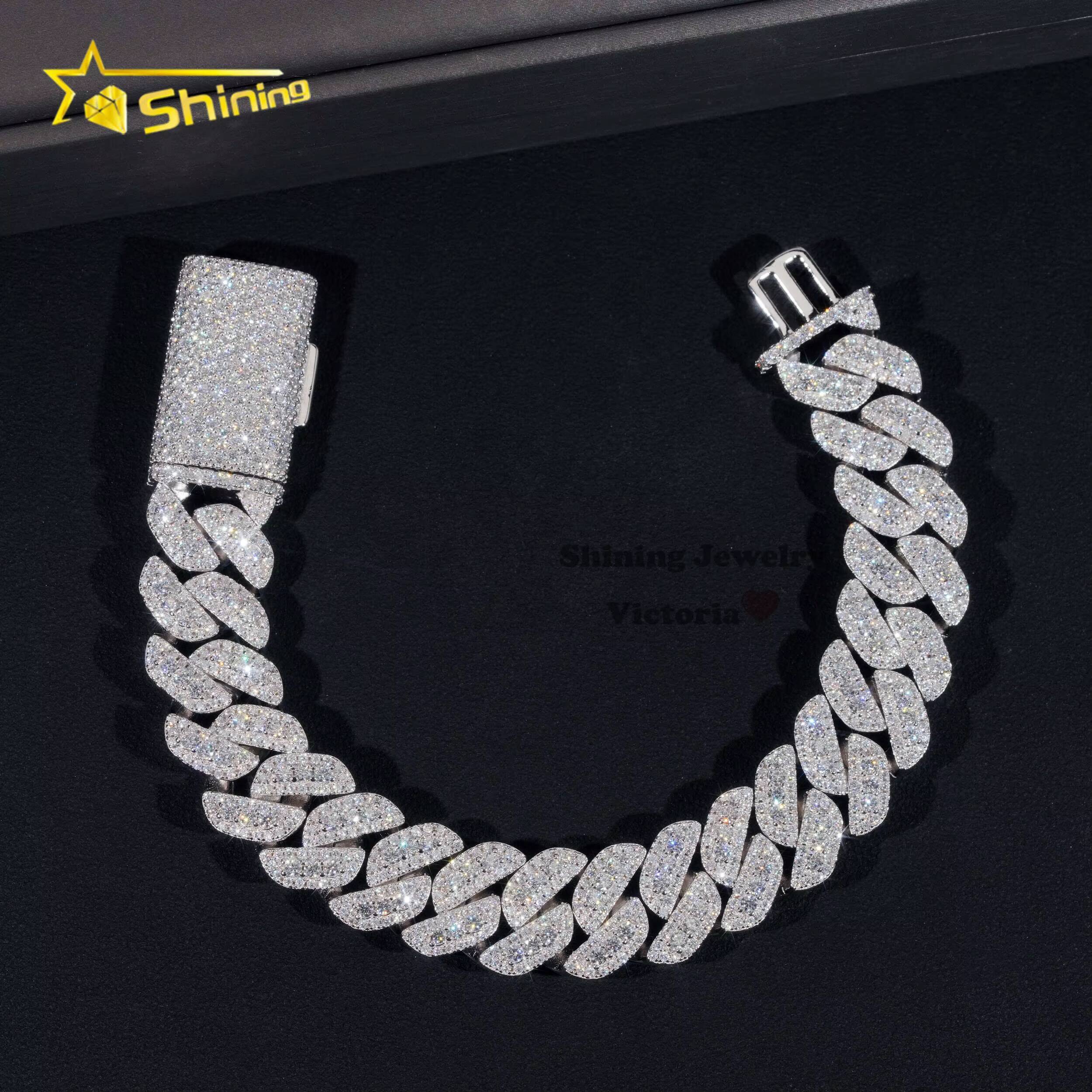 Iced Out Mens Jewelry Hip Hop Sparkle 925 Sterling Silver 15MM VVS Moissanite Diamond Three Rows Cuban Link Bracelet