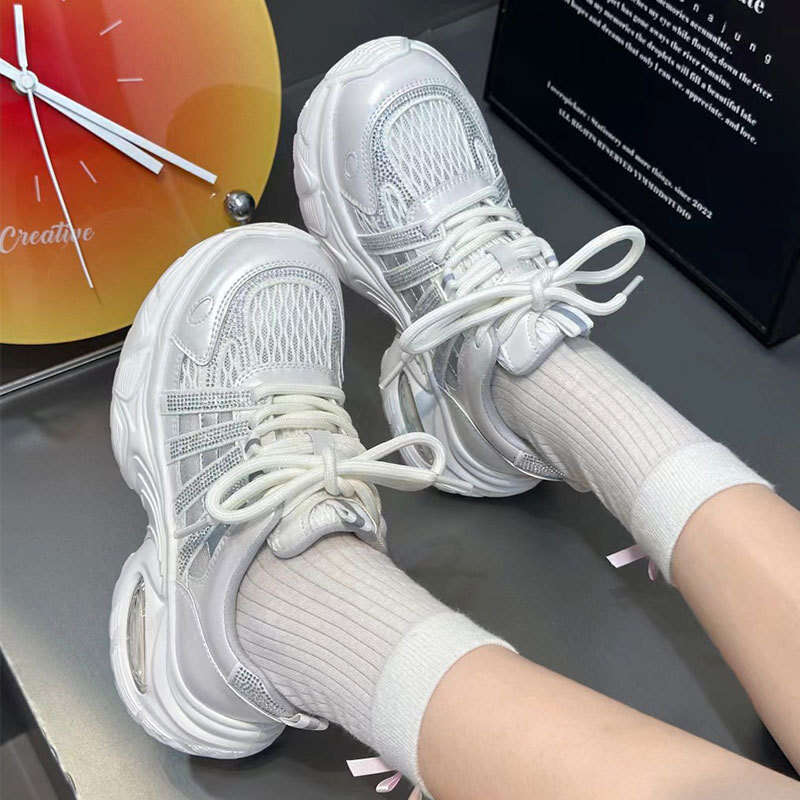 2025 Summer Sparkling Diamond Hollow Thick-Soled Dad Shoes for Women, Mesh Breathable Air Cushion Platform Casual Sports Sandals